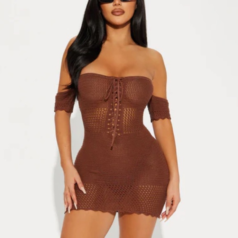 🤎 NWT New Fashion Nova Brown Off-Shoulder Crochet Mini Dress Medium M Sexy